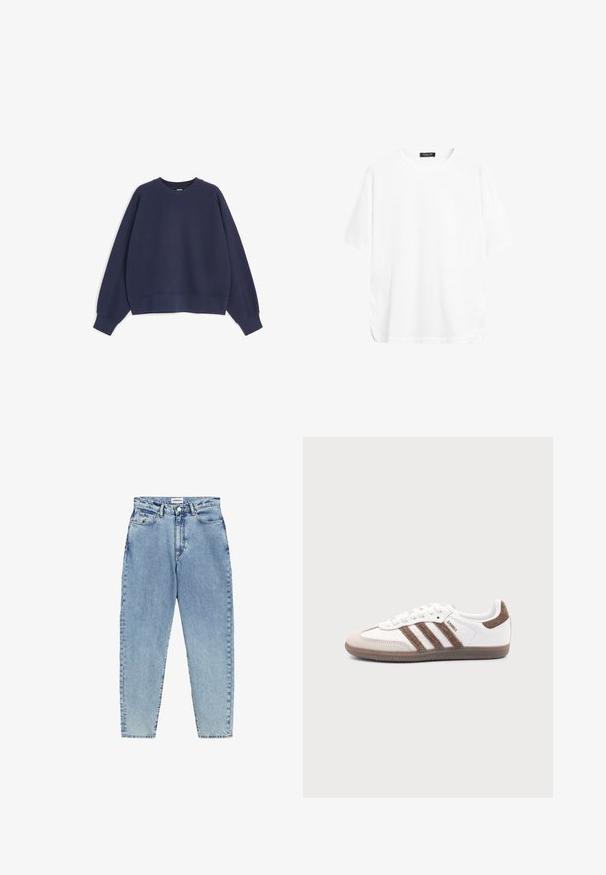 Marineblauwe trui met ronde hals, lange mouwen en geribde boorden aan mouwen en zoom op een witte achtergrond.; Effen wit T-shirt met korte mouwen en ronde hals met een zwart merklabel bij de kraag, weergegeven op een witte achtergrond.; Lichtblauwe denim jeans met een hoge taille, een rechte pijpdesign en contrasterende stiksels. Bevat voor- en achterzakken en een knoopsluiting.; Witte Adidas Samba sneaker met bruine suède strepen, bruine rubberen zool en beige suède neuskap, getoond vanaf de buitenkant op een effen achtergrond.