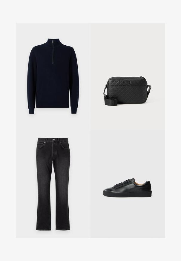 Pull-over en tricot marine avec un col montant et une fermeture éclair quart de zip. Texture côtelée sur les manches et le corps, offrant une coupe décontractée et un ourlet standard.; Jean en denim noir avec une coupe droite, présentant une taille mi-haute, des poches avant et une fermeture à boutons classique.; Baskets en cuir noir avec une texture lisse, bout rond et fermeture à lacets. Comprend une semelle en caoutchouc épaisse et un minimum de détails de marque.; Sac bandoulière noir texturé avec motif géométrique en relief et bandoulière réglable avec logo de la marque.