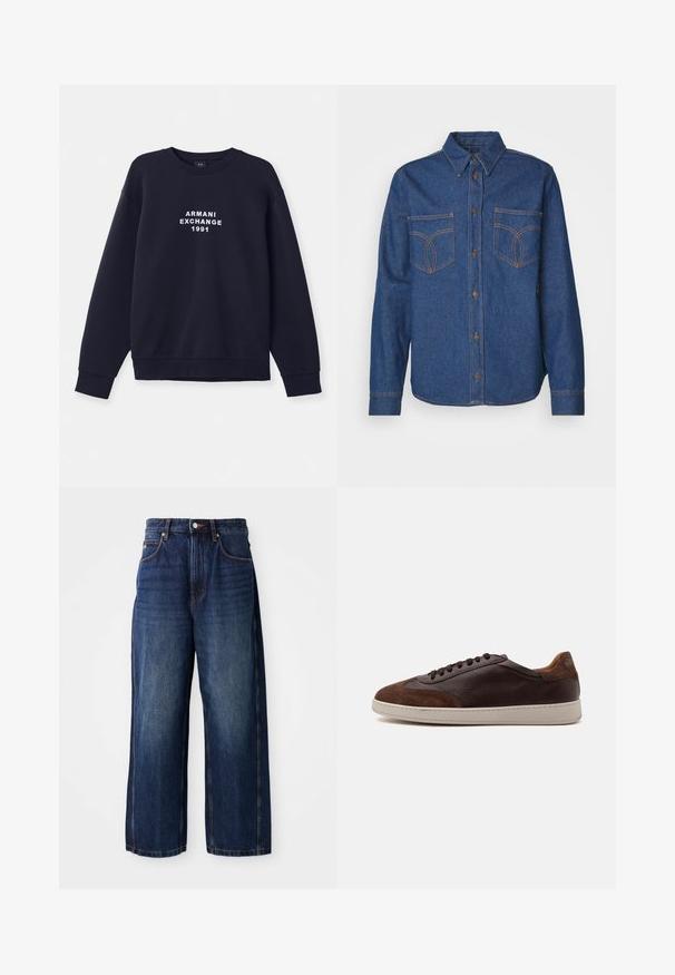 T tumed sinine särk pikade varrukatega, ümmarguse kaelusega ja soonikkoes mansettidega. Ees on trükitud valge "ARMANI EXCHANGE 1991" logo.; Tumed sinelokk särgid terava kraega, ees nupuga kinnitamine, kaks rinna taskut ja kontrastsete oranžide õmblusdetailidega.; Tumedast sinisest denimist laiad jalad teksad. Omavad klassikalist vöökohta koos vöörihmadega, eespool taskut ja sirget siluetti.; Madalad pruunid nahast ja seemisnahast tossud tumedate pruunide paeltega ja valge kummist tald vaadates välist poolt.