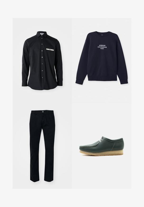 T tumed sinine särk pikade varrukatega, ümmarguse kaelusega ja soonikkoes mansettidega. Ees on trükitud valge "ARMANI EXCHANGE 1991" logo.; Mustast pikkade varrukatega nööpidega särk koos kraega, millel on hõbedane riba tasku detail. Sile kangas, klassikaline lõige ja nööpidega sulgemine.; Mustad sirged püksid, mis on valmistatud puuvillast. Omab ees paiknevat nupuväärist, vööde jaoks silmuseid ja siledat, mattpinda. Nähtavad mustrid puuduvad.; Tume-rohelisest nahast mokassiin, valge kontrastse õmbluse ja paeltega, beeži krepppõhjaga, näidatud külgvaates.