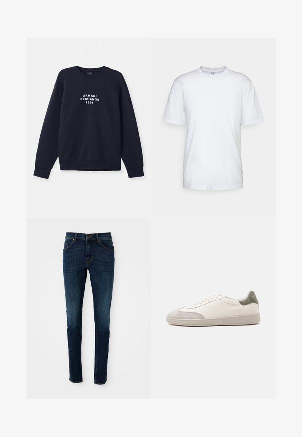 Navyblaue Sweatshirt mit langen Ärmeln, runder Halsöffnung und gerippten Bündchen. Mit weißem "ARMANI EXCHANGE 1991" Logo, das auf der Vorderseite gedruckt ist.; Weißes Baumwoll-T-Shirt mit Rundhalsausschnitt, kurzen Ärmeln und geradem Saum. Auf der linken Seitennaht befindet sich ein kleines Markenzeichen.; Dunkelblaue Denim-Jeans mit slim fit, strukturiertem Design, Fünf-Taschen-Stil und leichten Ausbleichungen entlang der Beine und Nähte.; Weißer niedriger Sneaker mit hellgrauen Wildleder-Akzenten an Zehen und Ferse, weißen Schnürsenkeln und einer flachen beigen Sohle, von der Außenseite gezeigt.