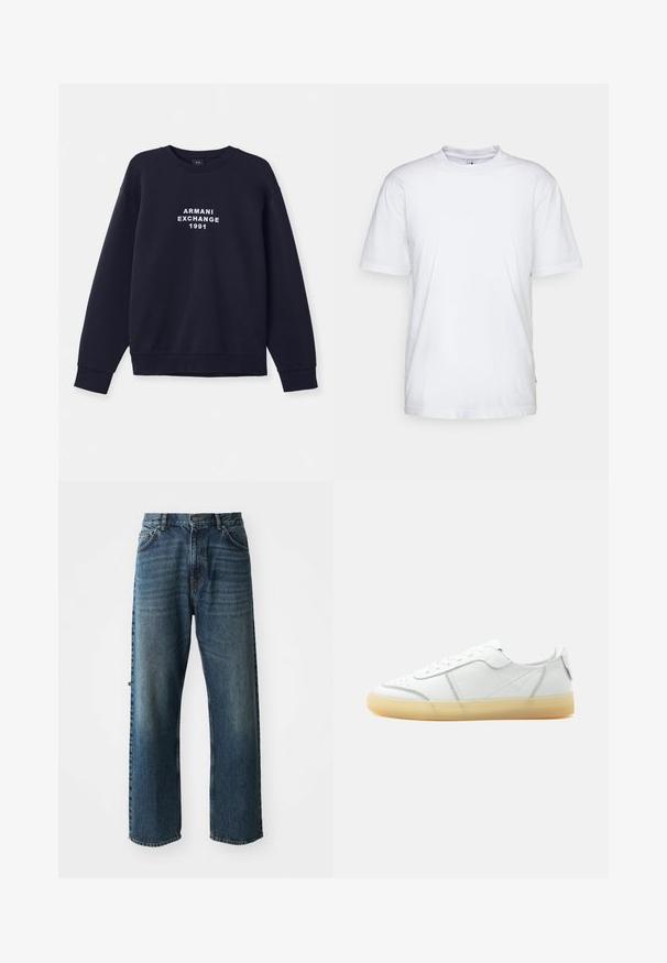 Navyblauwe sweatshirt met lange mouwen, ronde hals en ribgebreide manchetten. Voorzien van wit "ARMANI EXCHANGE 1991" logo gedrukt op de voorkant.; Witte katoenen t-shirt met een ronde hals, korte mouwen en een rechte zoom. Heeft een klein merktag aan de linkerkant van de zijnaad.; NN.07 OTIS - Straight leg jeans - stonewashed; Witte lage leren sneaker met beige doorschijnende zool, veters aan de voorkant en minimale stiksel details, zijaanzicht op een effen achtergrond.