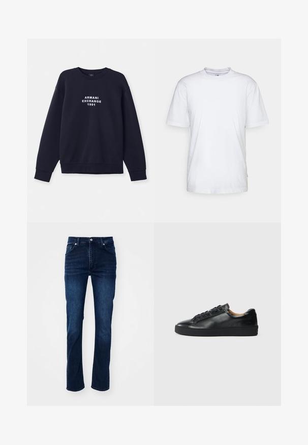 Navyblaue Sweatshirt mit langen Ärmeln, runder Halsöffnung und gerippten Bündchen. Mit weißem "ARMANI EXCHANGE 1991" Logo, das auf der Vorderseite gedruckt ist.; Weißes Baumwoll-T-Shirt mit Rundhalsausschnitt, kurzen Ärmeln und geradem Saum. Auf der linken Seitennaht befindet sich ein kleines Markenzeichen.; Dunkelblaue Jeans aus Denim im geraden Schnitt, mit einem klassischen Fünf-Taschen-Design und dezenten Nähdetails.; Schwarze Leder-Sneaker mit glatter Textur, runder Zehenpartie und Schnürverschluss. Verfügt über eine dicke Gummisohle und minimalistische Marken-Details.