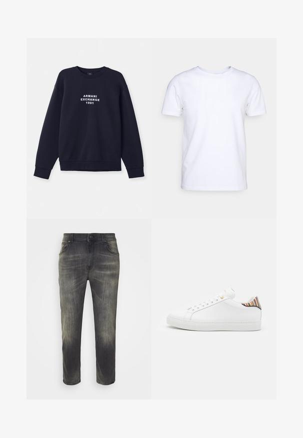 Navyblauwe sweatshirt met lange mouwen, ronde hals en ribgebreide manchetten. Voorzien van wit "ARMANI EXCHANGE 1991" logo gedrukt op de voorkant.; Witte katoenen t-shirt met korte mouwen en een ronde hals. Eenvoudig ontwerp zonder patronen of accenten. Glad textuur.; Donkergrijze jeans met een vervaagde afwerking, rechte pijpdesign, vijf zakken en een sluiting met een knoop aan de voorkant. Van katoen denim stof, met een zachte textuur.; Witte leren sneaker met een gladde afwerking, voorzien van een kleurrijke gestreepte accent op de hiel, gouden oogjes en een vlakke witte zool.