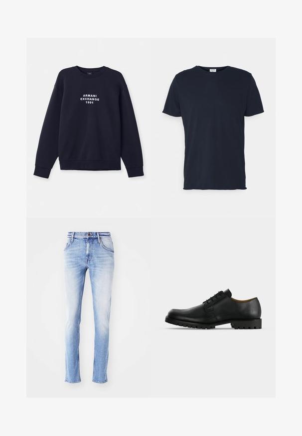 Námornícky modrá mikina s dlhým rukávom, okrúhlym výstrihom a rebrovanými manžetami. Na prednej strane sa nachádza biely potlač "ARMANI EXCHANGE 1991".; Námornícky modré bavlnené tričko s okrúhlym výstrihom a krátkymi rukávmi, s hladkou textúrou a jednoduchým dizajnom, bez viditeľných vzorov alebo akcentov.; Svetlomodré denim nohavice s vyblednutým povrchom, rovný strih, päť vreciek, pútka na opasok a uzáver na jedno gombík na páse.; Čierna kožená elegantská šnurovacia topánka s hrubou, ryhovanou podrážkou a nízkym podpätkom zobrazená na bielom pozadí.