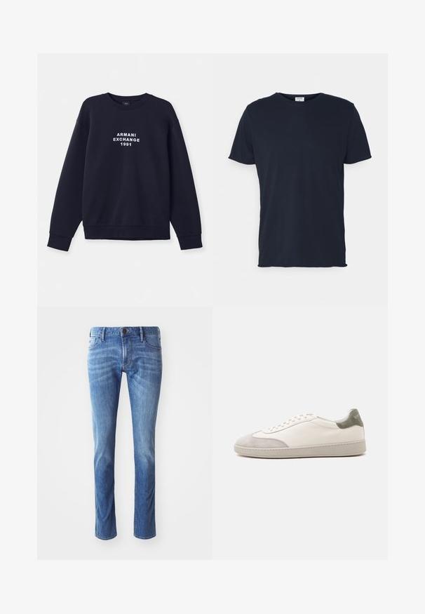 Námornícky modrá mikina s dlhým rukávom, okrúhlym výstrihom a rebrovanými manžetami. Na prednej strane sa nachádza biely potlač "ARMANI EXCHANGE 1991".; Námornícky modré bavlnené tričko s okrúhlym výstrihom a krátkymi rukávmi, s hladkou textúrou a jednoduchým dizajnom, bez viditeľných vzorov alebo akcentov.; Svetlo modré denimové džínsy so strihať z rovného nohavice, s tradičným dizajnom piatich vreciek a jemným blednutím smerom k kolenám.; Biely nízky teniska s jemne sivými semišovými akcentmi na špičke a päte, bielymi šnúrkami a rovným béžovým podrážkou, zobrazená z vonkajšej strany.