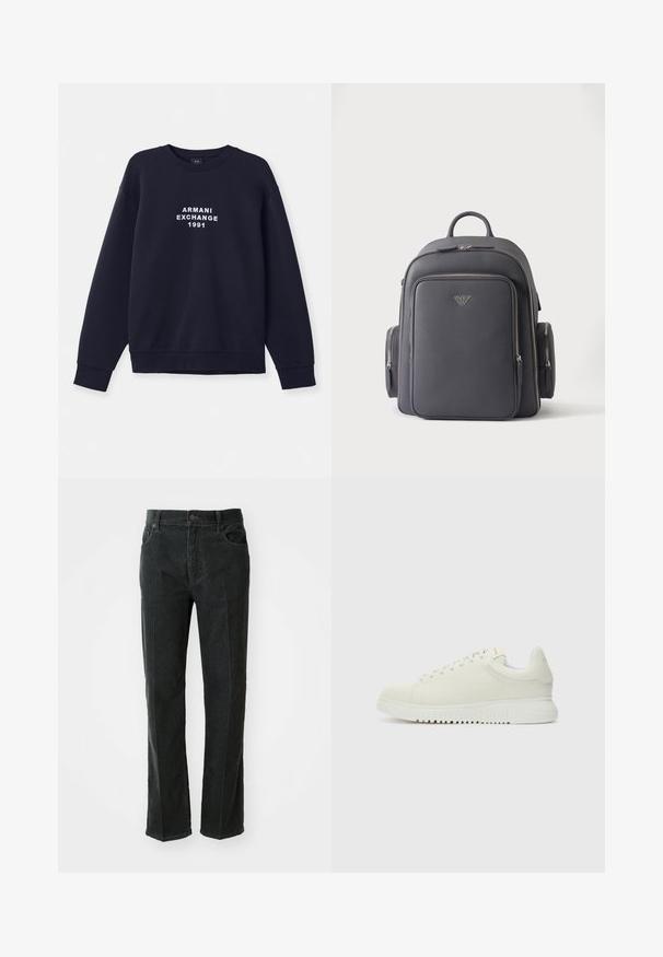 Námornícky modrá mikina s dlhým rukávom, okrúhlym výstrihom a rebrovanými manžetami. Na prednej strane sa nachádza biely potlač "ARMANI EXCHANGE 1991".; Čierne kordové nohavice s rovnými nohavicami, vybavené gombíkovým zapínaním, dvoma prednými vreckami a vertikálnou ribovanou textúrou.; Biele kožené tenisky s textúrovaným vrchom, zaoblenou špičkou, plochou bielou podrážkou a tonálnymi šnúrkami. Diskrétne logo na jazyku.; Čierny kožený batoh s prednými a bočnými vreckami na zips a s malým kovovým logom v strede vpredu.