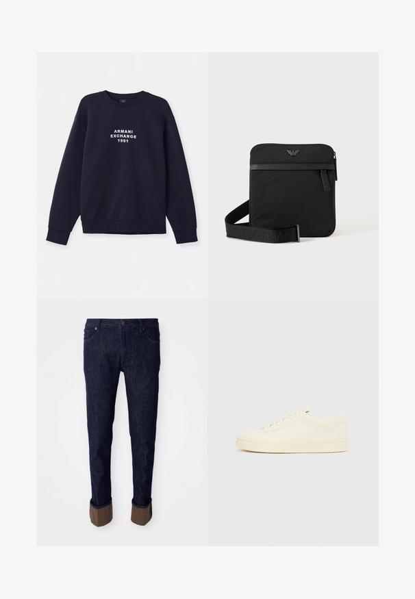 Navyblauwe sweatshirt met lange mouwen, ronde hals en ribgebreide manchetten. Voorzien van wit "ARMANI EXCHANGE 1991" logo gedrukt op de voorkant.; Donkerblauwe denim jeans met een rechte pasvorm, voorzien van opgerolde manchetten in een gestructureerd bruin materiaal met een logo-patroon. Standaard vijf-pocket ontwerp.; Slofkleurige sneaker met een glad leren bovenwerk, ronde neus, vetersluiting en een geribbelde rubberen zool. Minimalistisch ontwerp, zonder logo's.; Zwarte vierkante schoudertas met ritssluiting, voorvak en verstelbare band met geperste merknaam.