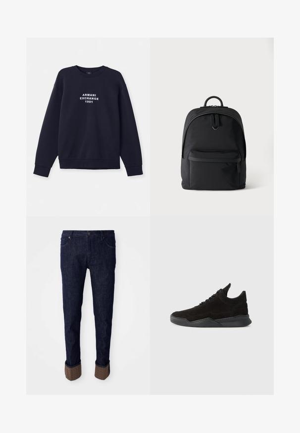 Námornícky modrá mikina s dlhým rukávom, okrúhlym výstrihom a rebrovanými manžetami. Na prednej strane sa nachádza biely potlač "ARMANI EXCHANGE 1991".; Tmavomodré denimové nohavice so sviežim strihom, s rolovanými manžetami z textúrovaného hnedého materiálu s logom. Štandardný dizajn s piatimi vreckami.; Čierne semišové tenisky s nízkym profilom, textúrovaným zvrškom, plochými šnúrkami a pevným gumovým podpätkom s jemným zdvihom a zakriveným dizajnom.; Čierny batoh s predným vreckom na zips, hlavným priehradkom s dvojitým zipsom a malým kovovým logom pod hlavnými zipsovými rukoväťami.