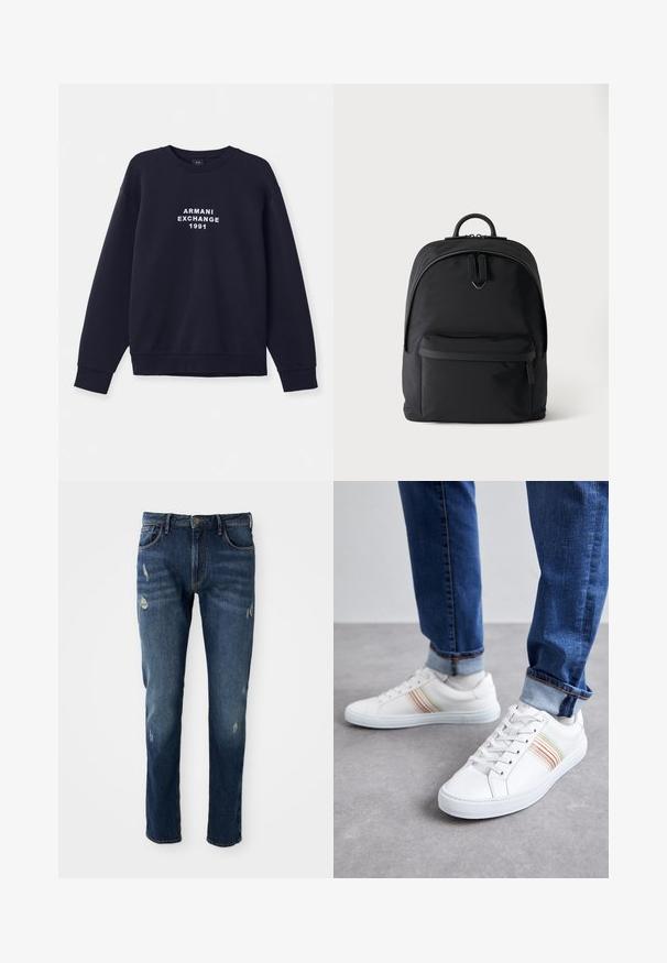 Navyblauwe sweatshirt met lange mouwen, ronde hals en ribgebreide manchetten. Voorzien van wit "ARMANI EXCHANGE 1991" logo gedrukt op de voorkant.; Donkerblauwe denim jeans met slim fit, lichte slijtage op de dijen en knieën, klassiek vijf-pocket ontwerp en knoopsluiting.; Witte leren sneakers met meerkleurige strepen, vetersluiting, rubberen zool en gevoerd kraagje, gecombineerd met blauwe spijkerbroek.; Zwarte rugzak met een voorvak met rits, hoofdvak met dubbele rits en een klein metalen logo onder de hoofdritsgrepen.