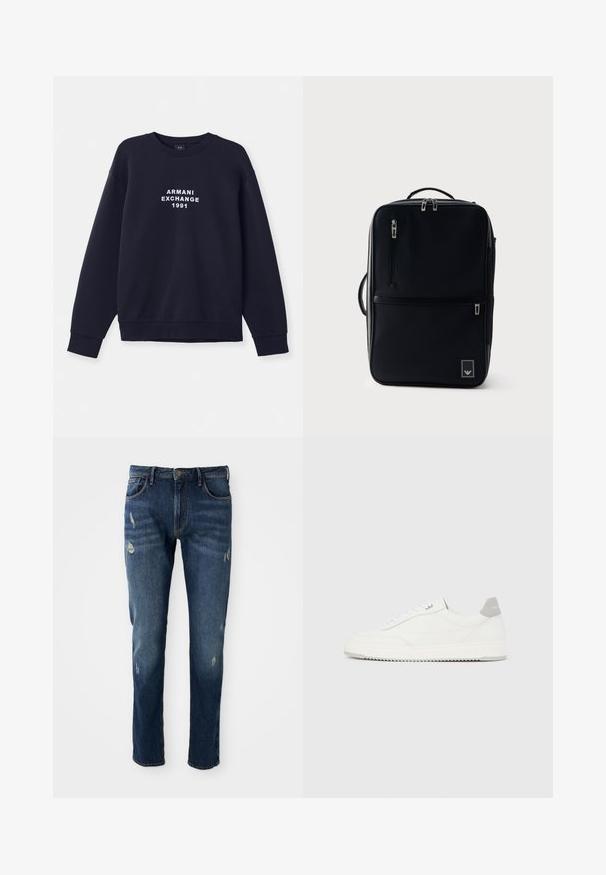 Navyblauwe sweatshirt met lange mouwen, ronde hals en ribgebreide manchetten. Voorzien van wit "ARMANI EXCHANGE 1991" logo gedrukt op de voorkant.; Donkerblauwe denim jeans met slim fit, lichte slijtage op de dijen en knieën, klassiek vijf-pocket ontwerp en knoopsluiting.; Witte lage sneaker met grijze hielpatch, witte veters en een gestructureerde zool, gepresenteerd op een effen lichte achtergrond.; Zwarte rechthoekige rugzak met verticale ritspockets, bovenhandvat, zijhandvat en een klein logoplaatje rechtsonder.