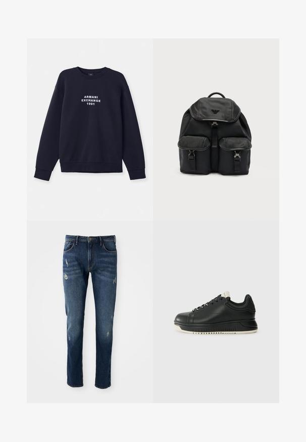 Navyblaue Sweatshirt mit langen Ärmeln, runder Halsöffnung und gerippten Bündchen. Mit weißem "ARMANI EXCHANGE 1991" Logo, das auf der Vorderseite gedruckt ist.; Dunkelblaue Jeans aus Denim mit slim fit, leichten Abnutzungen an den Oberschenkeln und Knien, klassischem Fünf-Taschen-Design und Knopfverschluss.; Schwarze Leder-Sneaker mit gepolsteter Sohle, abgerundetem Zehenbereich und weißen Akzenten. Verfügt über eine Schnürverschluss und strukturierte Seitenpaneele.; Schwarzer Stoffrucksack mit obere Klappe, zwei vorderen Steckverschluss-Taschen und einem Logo-Emblem auf der Klappe vor einem schlichten hellen Hintergrund.