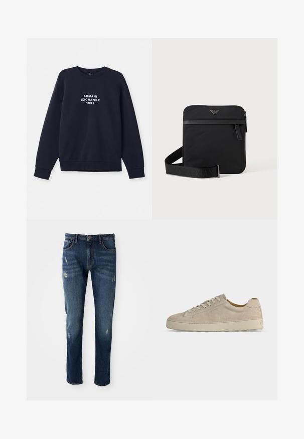 Marineblå sweatshirt med lange ærmer, rund hals og ribbede manchetter. Har hvidt "ARMANI EXCHANGE 1991" logo trykt på forsiden.; Mørkeblå denimjeans med slim fit, let slid på lår og knæ, klassisk fem-lomme design og knaplukning.; Beige ruskind lavtop sneaker med snørelukning og tyk gummisål, vist fra siden på en ensfarvet hvid baggrund.; Sort firkantet skuldertaske med lynlås, frontlomme og justerbar rem med præget brandnavn.