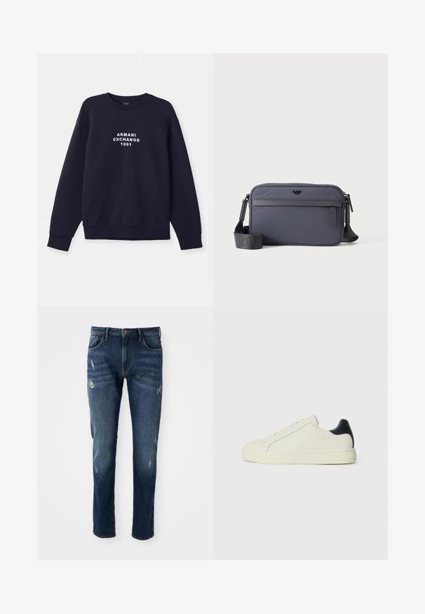 Navyblaue Sweatshirt mit langen Ärmeln, runder Halsöffnung und gerippten Bündchen. Mit weißem "ARMANI EXCHANGE 1991" Logo, das auf der Vorderseite gedruckt ist.; Dunkelblaue Jeans aus Denim mit slim fit, leichten Abnutzungen an den Oberschenkeln und Knien, klassischem Fünf-Taschen-Design und Knopfverschluss.; Weiße Leder-Sneaker mit einem marineblauen Lederakzent an der Ferse, runder Zehenpartie, flacher Gummisohle und Schnürung mit sechs Ösen.; Graue rechteckige Crossbody-Tasche mit vorderer Reißverschlusstasche, verstellbarem Schultergurt und kleinem schwarzem Logo vorne in der Mitte.