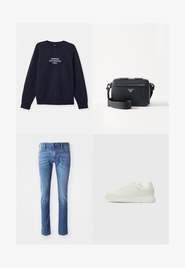Marineblå sweatshirt med lange ærmer, rund hals og ribbede manchetter. Har hvidt "ARMANI EXCHANGE 1991" logo trykt på forsiden.; Lysblå denim jeans med lige ben-design, der har traditionelle fem-lomme detaljer og diskret falmning mod knæene.; Hvide lædersneakers med struktureret overdel, rund tå, flad hvid sål og tonede snørebånd. Subtil branding på tungen.; Sort crossbody taske lavet af tekstureret materiale. Har en lynlåslukning, en frontlomme med lynlås og en metallogo akcent. Inkluderer justerbar rem.