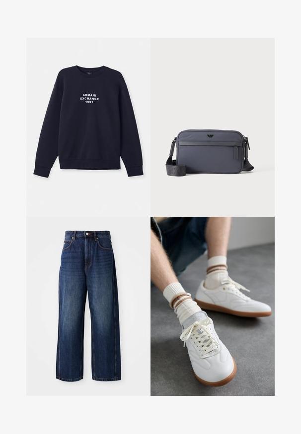 Navyblaue Sweatshirt mit langen Ärmeln, runder Halsöffnung und gerippten Bündchen. Mit weißem "ARMANI EXCHANGE 1991" Logo, das auf der Vorderseite gedruckt ist.; Dunkelblaue Weite-Leg-Jeans aus Denim. Verfügt über einen klassischen Bund mit Gürtelschlaufen, frontale Taschen und eine gerade Passform.; Weiße Ledersneaker mit glatter Textur, grauen Wildlederelementen, beigen Gummisohlen und flachen Schnürsenkeln. Kombiniert mit cremefarbenen und braun gestreiften Socken.; Graue rechteckige Crossbody-Tasche mit vorderer Reißverschlusstasche, verstellbarem Schultergurt und kleinem schwarzem Logo vorne in der Mitte.