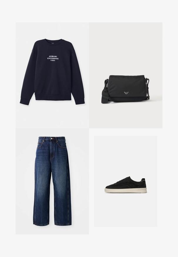 Sudadera azul marino con mangas largas, cuello redondo y puños de canalé. Presenta el logo en blanco "ARMANI EXCHANGE 1991" impreso en la parte frontal.; Pantalones vaqueros de pierna ancha en azul oscuro, fabricados en denim. Presentan una cinturilla clásica con trabas para cinturón, bolsillos frontales y una silueta recta.; Zapatilla deportiva baja de ante negro con cordones negros y suela de goma blanca, vista lateral sobre fondo gris claro liso.; Bolso bandolera negro con correa ajustable y pequeño emblema de logo plateado en la solapa frontal, mostrado sobre un fondo claro y liso.