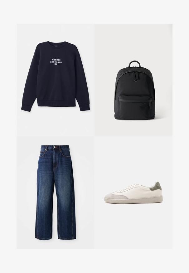 Navyblauwe sweatshirt met lange mouwen, ronde hals en ribgebreide manchetten. Voorzien van wit "ARMANI EXCHANGE 1991" logo gedrukt op de voorkant.; Donkerblauwe wijde-denim jeans. Kenmerken zijn een klassieke tailleband met riemlussen, zwarte zakken aan de voorkant en een rechte silhouet.; Witte lage sneaker met lichtgrijze suède accenten op de neus en hiel, witte veters en een platte beige zool, gezien vanaf de buitenkant.; Zwarte rugzak met een voorvak met rits, hoofdvak met dubbele rits en een klein metalen logo onder de hoofdritsgrepen.
