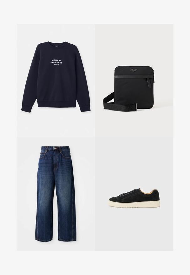 Marineblå sweatshirt med lange ærmer, rund hals og ribbede manchetter. Har hvidt "ARMANI EXCHANGE 1991" logo trykt på forsiden.; Mørkeblå vide jeans lavet af denim. Har en klassisk talje med bæltestropper, forlommer og en lige silhuet.; Sorte ruskinds sneakers med lavt design, matchende snørebånd, cremet tekstureret gummisål og en minimalistisk silhuet.; Sort firkantet skuldertaske med lynlås, frontlomme og justerbar rem med præget brandnavn.