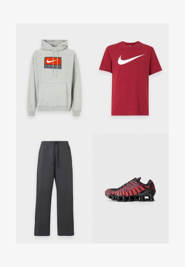 Grauer Kapuzenpullover mit Kängurutasche, vorne mit einem auffälligen gestickten roten und schwarzen Nike-Logo sowie verstellbaren Kordeln.; Rotes Baumwoll-T-Shirt mit kurzen Ärmeln und Rundhalsausschnitt. Mit großem weißem Nike-Swoosh-Logo auf der Vorderseite. Glatte Textur, legeres Design.; Graue Jogginghose mit Kordelzug an der Taille, hergestellt aus weichem Stoff. Weites Bein mit Seitennähten, minimalen Akzenten und ohne sichtbare Muster.; Schwarze und rote Sportschuhe verfügen über ein Mesh-Obermaterial mit vertikalen Streifen und einem gepolsterten Kragen, unterstützt von einer markanten, segmentierten Sohle.