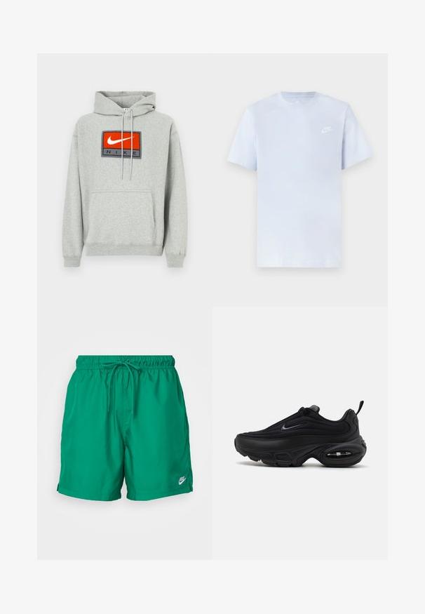 Grå hættetrøje med en kengurulomme, der har et fremtrædende broderet rødt og sort Nike-logo på fronten og justerbare snore.; Lyseblå bomulds t-shirt med korte ærmer, rund hals og et hvidt Nike-logo trykt på venstre bryst. Glat tekstur, simpelt design.; Grønne herre svømshorts lavet af let materiale, med en elastisk talje og snøre samt et lille Nike-logo på kanten.; Sort atletiksko med en glat, struktureret overdel. Har en rund tå, polstret krave og synlig luftdæmpning i sålen.