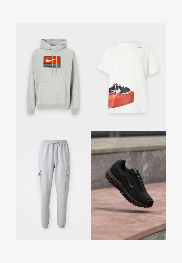 Grå hættetrøje med en kengurulomme, der har et fremtrædende broderet rødt og sort Nike-logo på fronten og justerbare snore.; Hvid T-shirt med korte ærmer med et trykt sort Nike-fodboldstøvlemotiv på en slidt rød skoeske tæt på sømmen og et lille logo nær halsudskæringen.; Grå sweatpants lavet af blødt stof, med en elastisk talje med snor, to sidelommer og tapered manchetter.; Sort Nike Air Max træningssko svævende over en stenovertflade med en sløret stenvæg i baggrunden.