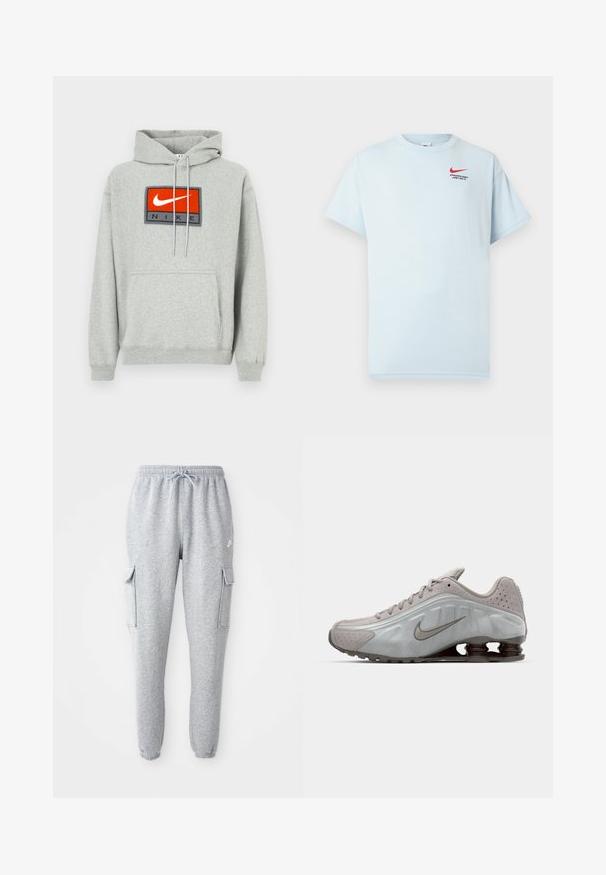 Hall hallipluus, millel on kenguru tasku, esiküljel silmatorkav punase ja musta Nike tikandiga logo ning reguleeritavad nöörid.; Hele sinine puuvillane T-särk lühikeste varrukatega, ümmarguse kaelusega ja punane Nike swoosh logo. Tekst kõlab: "SPORT RIKK. LIHTSALT TEHA."; Hallid hallid dressipüksid, mis on valmistatud pehmest kangast ja millel on elastne vöökoht koos nööridega, kaks külgset kottide taskut ja kitsenevad sääred.; Nike jooksujalats helesinises värvitoonis, sujuva tekstuuri, kaarjate joontega ning tumeda pruuniga nähtavate pehmendavate vedrudega kandade juures.