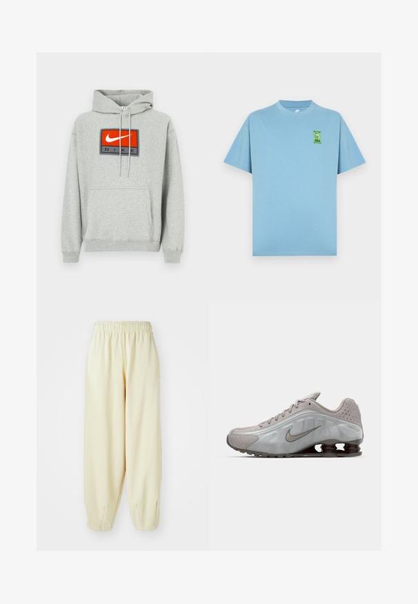 Sudadera con capucha gris con bolsillo tipo canguro, que presenta un destacado logo de Nike bordado en rojo y negro en el frente, y cordones ajustables.; Camiseta de algodón azul claro con cuello redondo y mangas cortas, con un parche de logo de dibujo animado verde en el pecho izquierdo.; Pantalones de chándal color crema con cintura elástica, puños de pierna ajustados y un corte holgado. Hechos de una tela suave y ligera.; Zapatilla de running de Nike en gris claro con una textura suave, diseño curvado y muelles de amortiguación visibles en marrón oscuro en el talón.