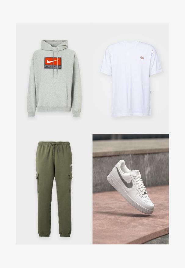 Grå hættetrøje med en kengurulomme, der har et fremtrædende broderet rødt og sort Nike-logo på fronten og justerbare snore.; Hvid bomulds t-shirt med v-hals og korte ærmer. Har et lille farverigt broderet logo på venstre bryst. Blød tekstur.; Oliven grønne cargo bukser med elastisk talje, snorelukning, sidelommer og brandet logo på låret. Glat bomuldsblanding.; Hvid Nike Air Force 1 sneaker med gråt swoosh-logo svævende over en stensurface og en grå stenvæg i baggrunden.