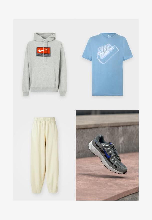 Grauer Kapuzenpullover mit Kängurutasche, vorne mit einem auffälligen gestickten roten und schwarzen Nike-Logo sowie verstellbaren Kordeln.; Hellblaues Nike-T-Shirt mit kurzen Ärmeln und großem stilisiertem weißen Nike-Logo samt Swoosh-Grafik auf der Brust.; Cremefarbene Sweatpants mit einem elastischen Bund, schmal zulaufenden Beinen und einer lockeren Passform. Hergestellt aus weichem, leichtem Material.; Grauer und schwarzer Nike-Laufschuh mit blauem Swoosh und weißer Sohle, der über einer Steinoberfläche schwebt.