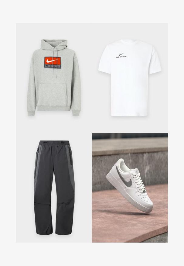 Szürke kapucnis pulóver kenguru zsebbel, elöl hangsúlyos piros-fekete Nike hímzett logóval és állítható húzózsinórokkal.; Fehér pamut rövid ujjú póló. Bal mellrészen fekete "Nike Official" logóval és fekete pipa jellel.; Sötétszürke és fekete túranadrág rugalmas derékpánttal és cipzáras oldalzsebekkel, kültéri tevékenységekhez tervezve.; Fehér Nike Air Force 1 sportcipő szürke swoosh logóval, amely kőfelület és szürke kőfal háttér felett lebeg.