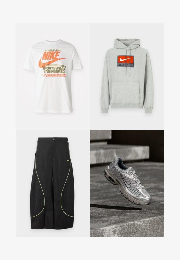 Grijze hoodie met een kangoeroezak, voorzien van een opvallend geborduurd rood-zwart Nike-logo aan de voorkant en verstelbare trekkoordjes.; Witte katoenen t-shirt met een groot oranje 'NIKE' logo en groene tekst die 'SPORTSWEAR ENGINEERED' zegt, plus aanvullende specificaties.; Zwarte wijde Nike-broek met neon groene gebogen biezen en klein Nike-swoosh-logo op de rechterdij, knoop- en ritssluiting in de taille.; Zilveren en grijze Nike hardloopschoen zwevend in de lucht boven betonnen traptreden, met zichtbare mesh bovenkant en gedempte zool details.
