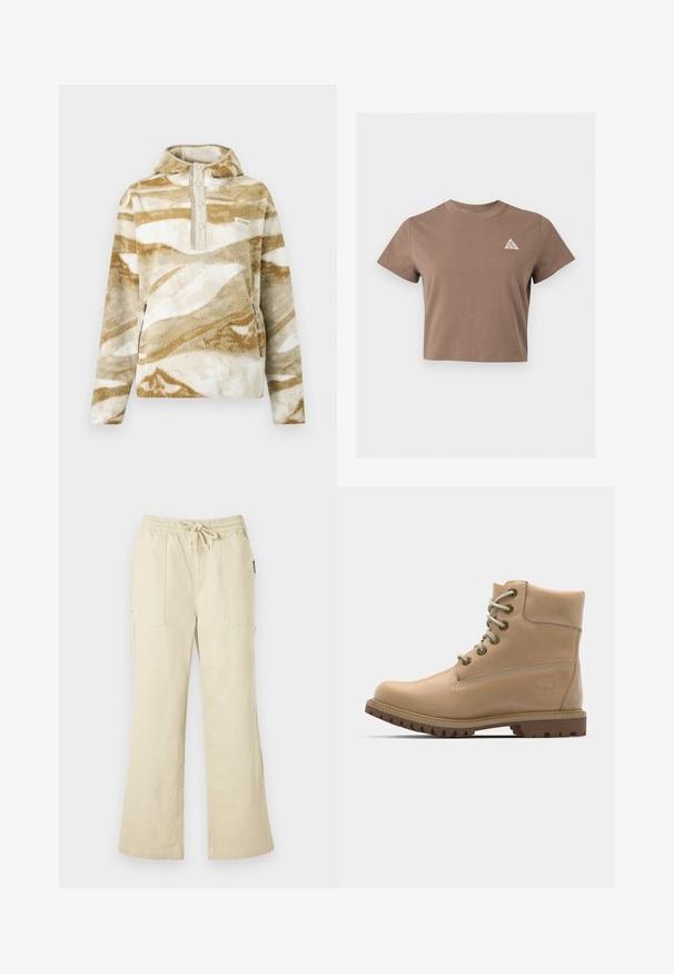 Fleece-pullover med beige og hvide abstrakte mønstre, lange ærmer, lynlåslommer, knappet krave og fastmonteret hætte.; Brun cropped t-shirt med korte ærmer, rund hals og lille hvidt trekantet ACG-logo på venstre bryst mod ensfarvet baggrund.; Beige bukser med brede ben, elastisk talje og snøre, med to foran lommer og ben i lige snit.; Beige læder ankelstøvle med en rund tå, beige snørebånd og kraftig sål. Har sidesyninger og et cirkulært logo på hælen.