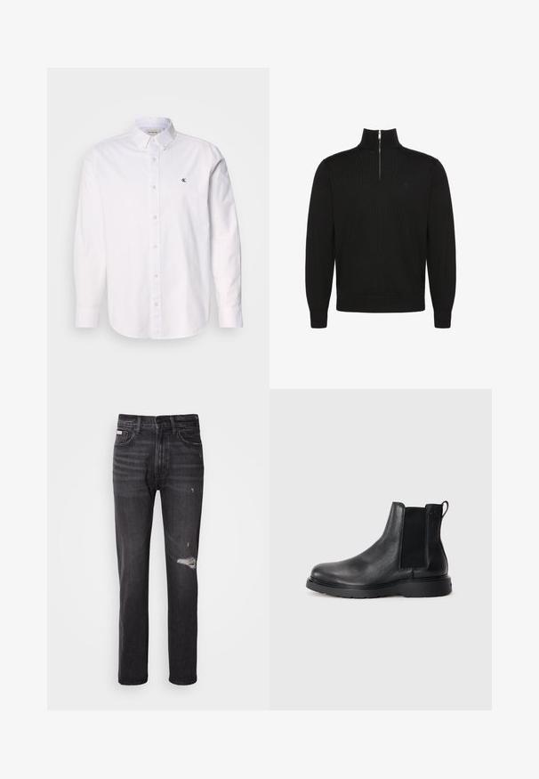 Jersey negro de manga larga con cremallera a medio frente y puños y bajo de canalé, con un pequeño logo sutil en el pecho.; Camisa blanca de algodón, con cuello clásico, mangas largas y un pequeño logo de CK en el lado izquierdo del pecho. Textura suave.; Jeans de mezclilla negra con un diseño de pierna recta, detalles desgastados en la rodilla, estilo de cinco bolsillos y un sutil acabado deslavado.; Botas Chelsea de cuero negro con acabado texturizado, paneles laterales elásticos y una suela de goma resistente. Marca sutil en el talón.