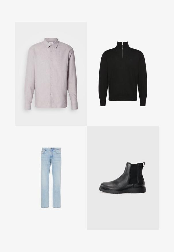 Pull noir à manches longues avec fermeture éclair sur le devant jusqu'à mi-hauteur, poignets et bas côtelés, avec un petit logo discret sur la poitrine.; Chemise en lin gris clair avec col, manches longues et boutonnière. Présente une texture subtile et des boutons en nacre le long de la patte de boutonnage.; Jean denim bleu clair coupe droite avec bouton sur le devant, fermeture éclair et design cinq poches, présenté sur fond blanc.; Bottes Chelsea en cuir noir avec une finition texturée, des panneaux latéraux élastiques et une semelle en caoutchouc robuste. Branding subtil sur le talon.