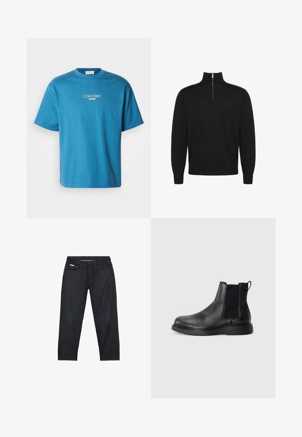 Sort langærmet pullovertrøje med halv lynlås foran og ribstrikkede manchetter og kant, med et lille diskret logo på brystet.; Blå bomulds t-shirt med rund halsudskæring og korte ærmer, med "Calvin Klein JEANS" logo i gul bordur centreret på brystet.; Mørkeblå denimjeans med et lige ben, der har fem lommer og minimal syning for et rent udseende.; Sorte læder chelsea støvler med tekstureret finish, elastiske sidepaneler og en robust gummisål. Subtil branding på hælen.