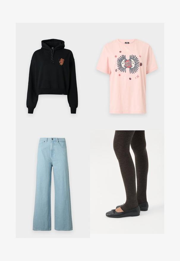 Μαύρο κοντό hoodie με γραφικό πεταλούδας σε πορτοκαλί τόνους στο στήθος, διαθέτοντας κουκούλα με κορδόνι και ριμπά μανίκια.; Ανοιχτό ροζ T-shirt με γραφικό που απεικονίζει δύο ήλιους με πρόσωπα, περιβάλλοντας μια κόκκινη οβάλ επιγραφή με το κείμενο «Santa Cruz», καθώς και διάσπαρτα μικρά αστέρια και πλανήτες.; Ανοιχτό μπλε τζιν παντελόνι με φαρδιά μπατζάκια, εμπρόσθιο κουμπί, φερμουάρ, θηλιές για ζώνη και πλαϊνές τσέπες σε λευκό φόντο.; Πόδια με σκουρόχρωμα ριμπ κολάν συνδυασμένα με μαύρα μπαλαρίνα παπούτσια με μικρές λεπτομέρειες φιόγκων σε λευκό φόντο.