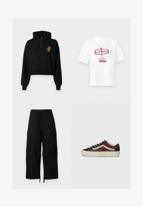 Sudadera recortada negra con un gráfico de mariposa en tonos naranjas en el pecho, que incluye una capucha con cordón y puños acanalados.; Camiseta blanca con un diseño rojo de un espejo retrovisor que muestra un vaquero a caballo y dos dados peludos colgando debajo.; Pantalones cargo negros con cintura elástica, cierre de botón, bolsillos laterales con solapa y piernas anchas y rectas con dobladillos ajustables.; Vans OLD SKOOL 36 UNISEX - Zapatillas - bordeaux