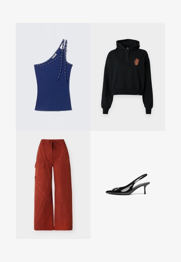 Sweat à capuche cropped noir avec un graphisme de papillon dans des tons orange sur la poitrine, dotée d'une capuche à cordons et de poignets côtelés.; Haut asymétrique bleu marine sans manches avec double bretelles et œillets argentés le long des bords et des bretelles.; Pantalon à jambes larges couleur rouille avec taille élastique, cordon de serrage, et une poche à rabat sur la cuisse gauche.; Escarpins slingback en cuir verni noir avec un bout pointu et une finition brillante. Présente un talon fin et un accent arrondi au dessus du pied.