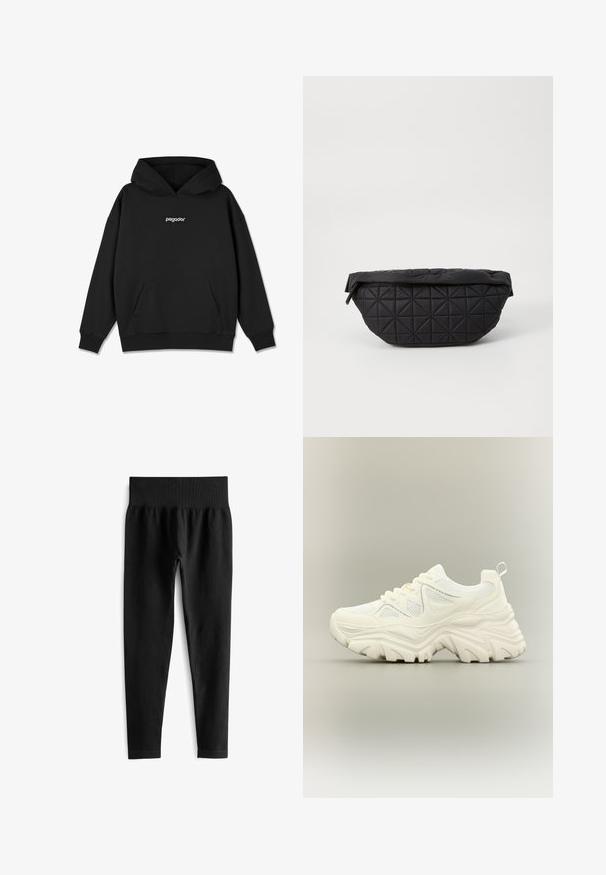 Sudadera negra con un bolsillo frontal tipo canguro, puños y dobladillo acanalados. Presenta un logo blanco de "pegador" en el pecho. Fabricada con un tejido suave.; Leggings negras acanaladas con una ancha cinturilla elástica. La tela parece elástica y texturizada, terminando justo por encima del tobillo.; Zapatilla blanca gruesa con suela gruesa y texturizada, paneles de malla, cierre de cordones en la parte delantera y tira en el talón sobre un fondo neutro.; Bolso negro acolchado con una textura suave y acolchada y un patrón de diamantes angulares, con una silueta curvada y cierre de cremallera.