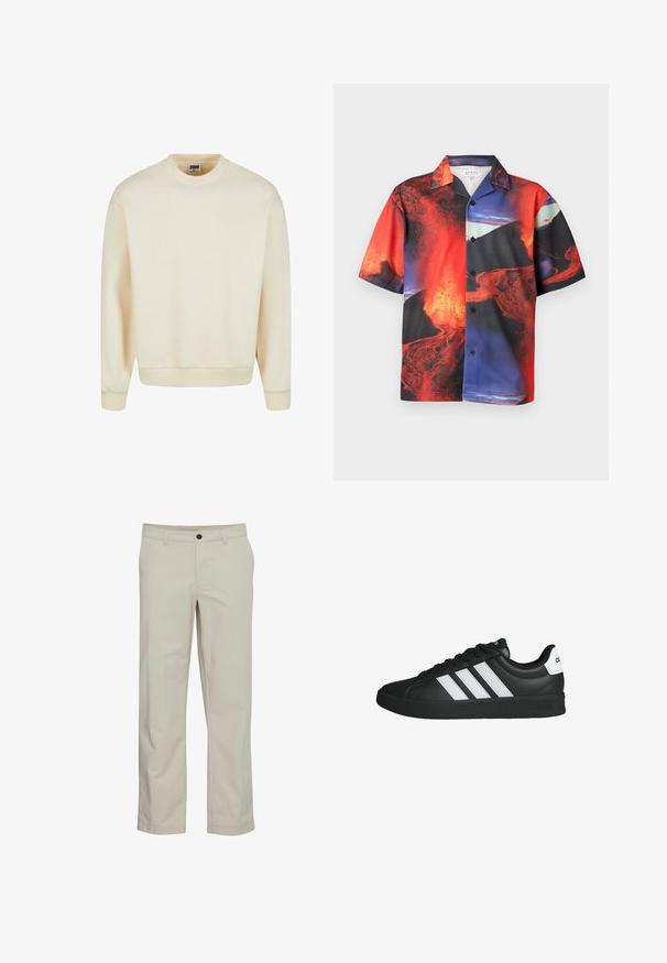 Crewneck-Sweatshirt in einem hellen cremefarbenen Ton, aus weichem Material gefertigt, mit gerippten Bündchen und Saum, in einem schlichten, ungeschmückten Design.; Kurzärmeliges Hemd mit Knopfleiste und lebendigem rot-schwarz-blauem Lava- und Vulkanausbruch-Print auf leichtem Stoff.; Beige Baumwollhose mit geradem Bein, Fronttaschen und einem einzelnen Knopfverschluss. Glatte Textur und minimale Nähte.; Schwarzer Adidas-Sneaker mit weißen Streifen, schwarzer Sohle, Schnürdesign und weißer Fersenschlaufe mit Adidas-Logo, seitlich dargestellt.