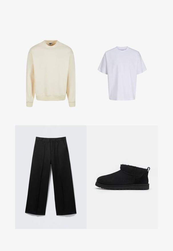 Crewneck sweatshirt i en lys cremet farve, lavet af blødt stof, med ribbede manchetter og kant, samt et simpelt, udekoreret design.; Simpel hvid oversized t-shirt med korte ærmer, rund hals og løs pasform mod en hvid baggrund.; Sorte vidde-bukser med bæltestropper, forlommer og lynlås foran, vist på en lysegrå baggrund.; Sorte ruskind ankelstøvler med en blød, tekstureret foring, lavprofilgummi sål og en løkke bagpå for nem påtagning.