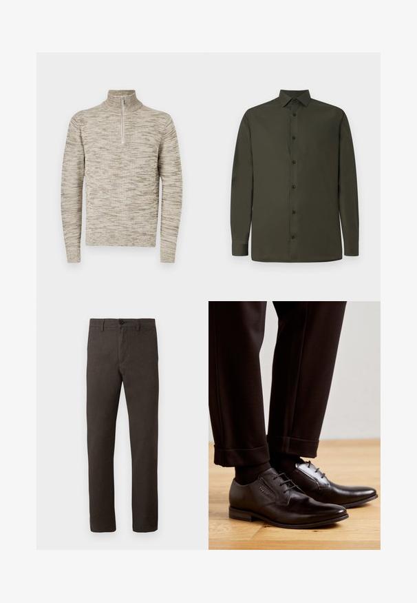 Beige og lys brun meleret strikpullover med lange ærmer, høj krave og front halv-lynlås på en ensfarvet hvid baggrund.; Mørkegrøn langærmet skjorte lavet af glat stof, med spredt krave, knaplukning foran og sorte knapper. Enkel design, uden mønstre.; Brune bukser lavet af et tekstureret stof, med et lige ben-design, en enkelt knaplukning og et minimalistisk stil.; Sorte læder dress sko med en glat finish, snørebåndsdesign og en let spids tå, parret med cropped sorte bukser.