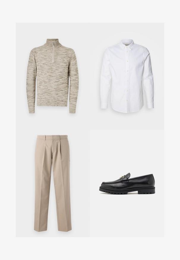 Bež ja light brown marled kooted pullovers pikkade varrukatega, kõrge krae ja esise poole tõmbeviisiga, valge tausta peal.; Valge pikkade varrukate ja nööbiga särk, mis on valmistatud puuvillast. Särgil on struktureeritud krae, diskreetne logo tikand ja heledatest tan värvi nupukesed.; Beežid kohandatud püksid vööaasade, eesmiste voltide ja sirgete säärtega, valgel taustal.; Mustad musta naha mokassiinid sileda viimistlusega, ümmarguse nina, dekoratiivse rihma kuldsete detailidega ja robustse musta tallaga.
