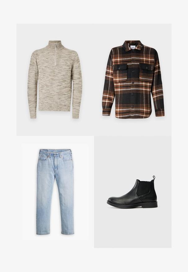 Beige og lys brun meleret strikpullover med lange ærmer, høj krave og front halv-lynlås på en ensfarvet hvid baggrund.; Jack & Jones Over Relaxed Fit - Skjorter - monks robe; Lysblå denimjeans med lige bendesign, fem lomme stil og kontrastsyet. Knap- og lynlåslukning i taljen.; Sort læder ankelstøvle med elastiske sidepaneler, rund tå, minimalistisk design, hæsestrop og prægede brandlogo på bagsiden.