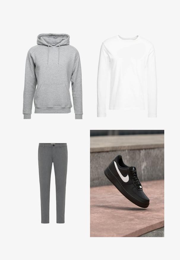 Sudadera gris hecha de suave material de algodón, con un bolsillo frontal, cordones ajustables y puños y dobladillo acanalados.; Camiseta blanca de manga larga hecha de algodón suave. Cuello redondo con dobladillos rectos y sin patrones ni gráficos visibles.; Pantalones grises ajustados de tela texturizada, con una cinturilla estándar con presillas para cinturón, cremallera y cierre de un solo botón.; Zapatilla Nike Air Force 1 negra con el logo de la marca en blanco, flotando sobre una superficie de piedra y un fondo de pared gris texturizada.