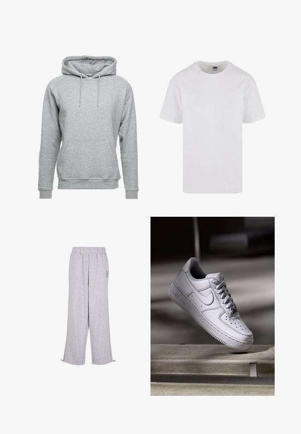 Sudadera gris hecha de suave material de algodón, con un bolsillo frontal, cordones ajustables y puños y dobladillo acanalados.; Camiseta blanca de cuello redondo hecha de algodón suave, con mangas cortas y un dobladillo recto. Diseño simple, sin adornos y en color sólido.; Karl Kani Pantalones deportivos - grey; Zapatilla Nike Air Force 1 de cuero blanco que presenta una puntera perforada, cordones planos y una suela de goma texturizada con la marca "AIR" en el lateral.