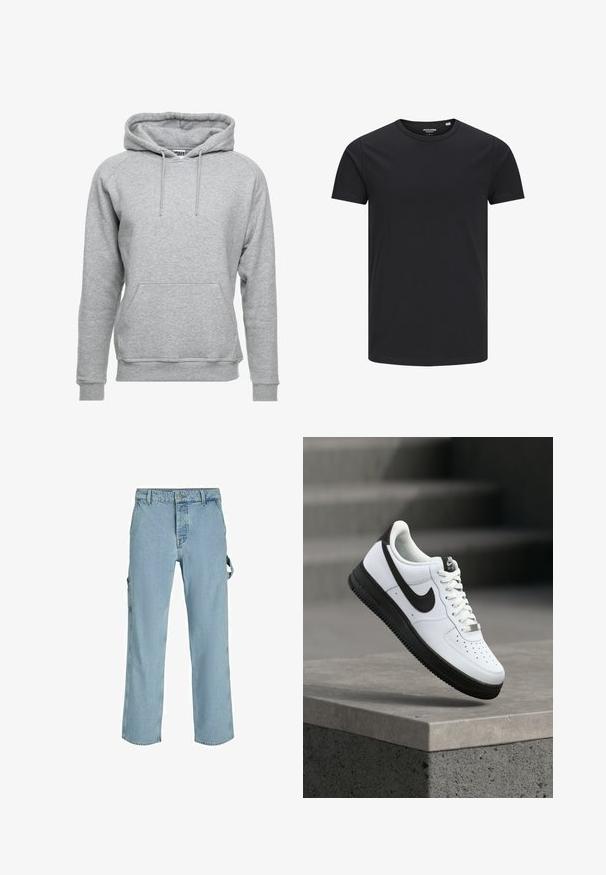 Sudadera gris hecha de suave material de algodón, con un bolsillo frontal, cordones ajustables y puños y dobladillo acanalados.; Camiseta de algodón negra con cuello redondo, mangas cortas y un diseño sencillo. Textura suave, sin patrones ni herrajes visibles.; Pantalones cargo de mezclilla azul claro con un corte relajado, que cuentan con lazos de sujeción laterales y bolsillos frontales, mostrando una textura desgastada.; Zapatilla deportiva de cuero blanco con detalles en negro, punta redondeada y detalles perforados. Suela de goma negra con patrón texturizado y cierre de cordones.