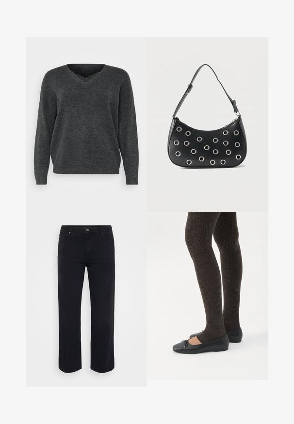 Mørkegrå strikket sweater med v-hals, lange ærmer og afslappet pasform. Blød tekstur, minimal detaljering og en glat overflade.; Sorte denimjeans med lige ben-design. Funktioner inkluderer en knaplukning i taljen, bæltestropper og front-/baglommer. Glat tekstur.; Ben iført mørke ribbede leggings kombineret med sorte balletsko med små sløjfedetaljer på hvid baggrund.; Sort læder skuldertaske med justerbar rem, dekoreret med sølvfarvede metalnitter og lukning med øverste lynlås.