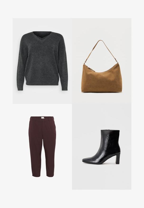 Pull en tricot gris foncé avec un col en V, des manches longues et une coupe décontractée. Texture douce, détails minimes et finition lisse.; Pantalons sur mesure bordeaux à coupe droite, dotés d'une fermeture par bouton, de passants de ceinture et de poches avant. Tissu lisse avec un subtil éclat.; Bottine noire en cuir brillant, avec un bout pointu et un talon carré moyen, présentant une texture lisse et un design simple.; Sac à bandoulière en daim marron avec une seule sangle et une fermeture éclair supérieure, présenté sur un fond blanc uni.